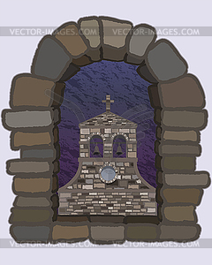 View from the arched stone window of the ancient spanis - vector EPS clipart