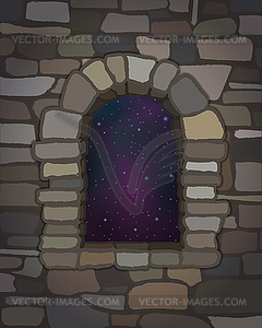 Night sky in arched stone window in visigothic style. v - vector image