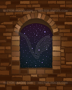 Night sky in arched stone window in romanesque style wa - vector clipart