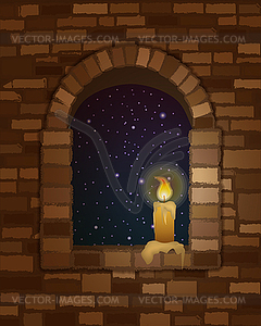 Arched stone window in romanesque style and candle, nig - vector image