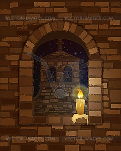 Вид из арочного окна со свечой древнего - векторный клипарт Royalty-Free