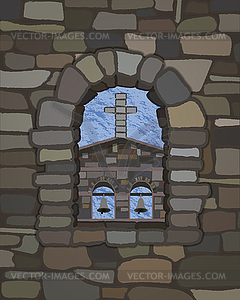 View from the old arched stone window of the ancient me - vector clip art