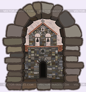 View from the old arched stone window of the  medieval  - vector image