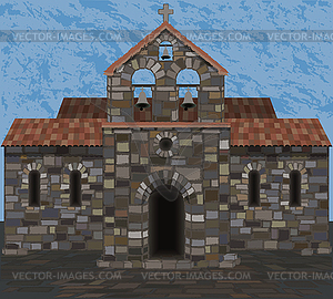 Old stone spanish church in visigothic style with bells - vector image