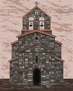 Ancient stone church in visigothic style with bells. - vector clip art