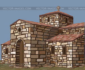 IAncient stone church in visigothic style with cross.  - vector image