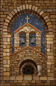 iglView из арочного каменного окна средневекового храма - цветной векторный клипарт