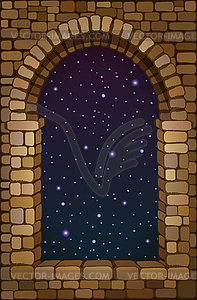 View from the old arched stone window, vector illustrat - vector image