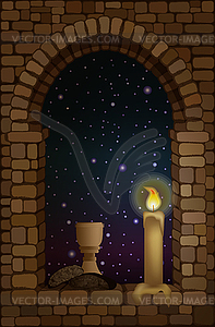 View from the arched stone medieval window. Wine and br - vector clipart