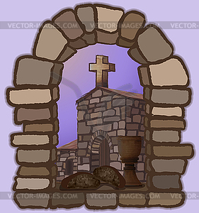 Wine and black bread on an arched stone window, overloo - vector clip art