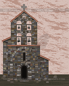 Древняя каменная церковь с колоколами и арочным входом - цветной векторный клипарт