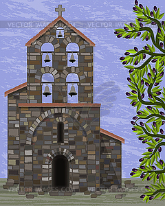 Old stone church with bells and arched entrance in visi - vector clip art