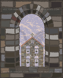 View from the arched stone window of the old medieval s - vector image
