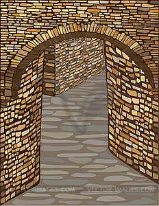 Medieval street with a stone arch. vector illustration - vector clipart