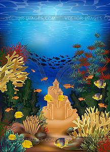 Underwater wallpaper with sand castle, vector illustrat - vector clipart