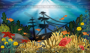 Underwater background with sunken ship, vector illustra - vector clip art