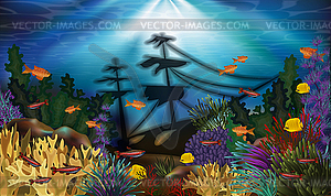 Underwater banner with sunken ship and tropical fish, v - vector image