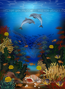 Underwater wallpaper with dolphins and seashell, vector - vector clipart / vector image