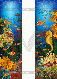 Underwater banners with starfish, seahorse and tropical - vector image