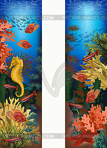 Underwater vertical banners with starfish and seahorse, - vector image