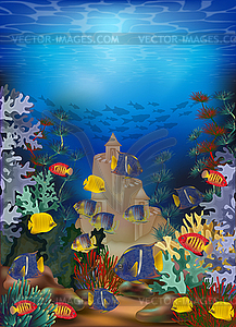 Underwater wallpaper with tropical fish and sand castle - vector clipart