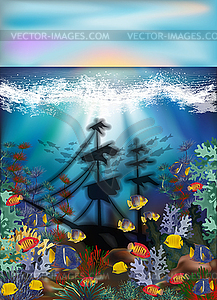 Underwater background with algae, tropical fish and sun - vector clipart