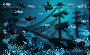 Underwater banner with ship sunken tropical fish, vecto - vector clip art