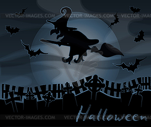 Happy halloween background with cemetery and witch, vec - vector clipart