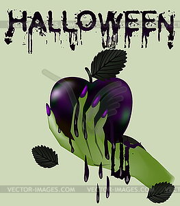 Happy halloween card. Poisoned apple and witch hand, ve - vector image