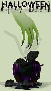 Happy halloween postcard. Poisoned apple and witch, vec - vector clipart