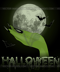 Happy halloween card with moon and witchs hand, vector  - vector image