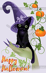 Happy Halloween card. Witch cat and pumpkin, vector ill - vector image