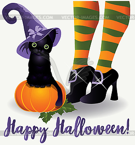 Happy Halloween wallpaper. Black cat and witch, vector  - vector clip art