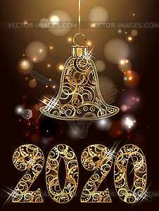 Happy new 2020 golden year, with xmas bells decor card, - vector image