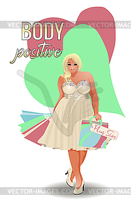 Body positive plus size blonde  girl with shopping bags - vector clipart