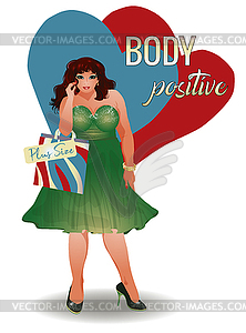 Body positive plus size brunette girl with shopping bag - vector clip art