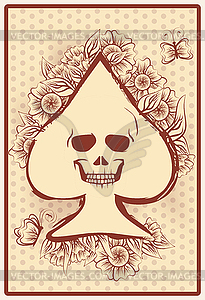 Casino spades poker card with skull and flowers, vector - vector clipart