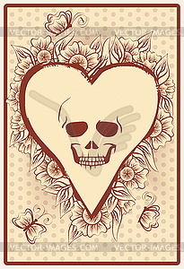 Casino hearts poker card with skull and flowers, vector - vector image