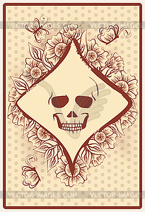 Casino diamonds poker card with skull and flowers - vector image