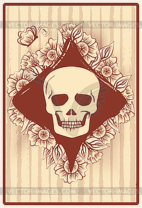 Diamonds poker card with skull and flowers, casino wall - vector clipart