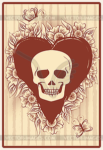 Hearts poker card with skull and flowers, casino wallpa - vector clipart