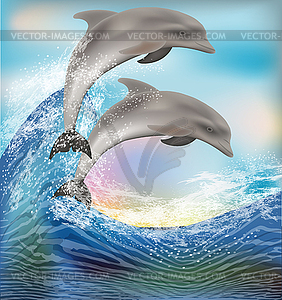 Ocean wave wallpaper with two dolphins, vector illustra - vector clip art