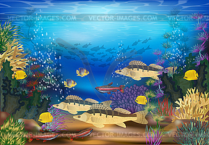 Underwater landscape with tropical fish wallpaper, vect - vector clipart / vector image