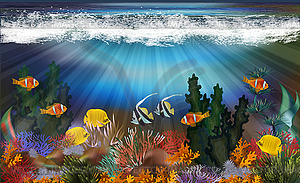 Underwater landscape with tropical fish wallpaper - vector image