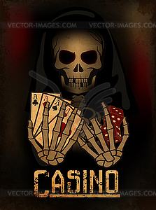 Death holds casino dice and poker cards, wallpaper, vec - vector image