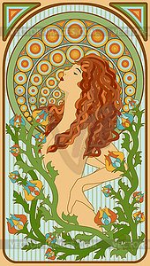 Цветочная открытка женщины в стиле модерн, векторная иллюстрация - стоковое векторное изображение