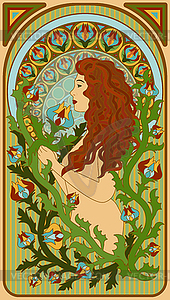 Art nouveau beautiful woman floral invitation card, vec - vector clipart