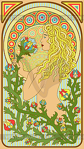 Art nouveau woman floral card, vector illustration - royalty-free vector clipart