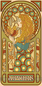 Autumn girl wallpaper in art nouveau style, vector  - royalty-free vector image