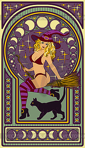 Young witch with a black cat, art nouveau style card - vector clipart